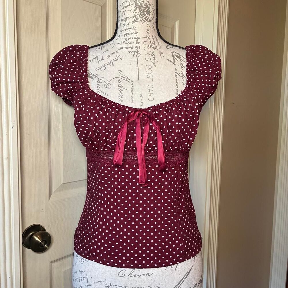 Y2K Milkmaid Burgundy Polka Dot Babydoll Top